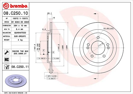 Brembo Bremsscheibe Hinterachse Voll [Hersteller-Nr. 08.C250.11] für Hyundai, Kia