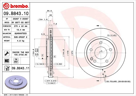 Brembo Bremsscheibe [Hersteller-Nr. 09.B843.11] für Mercedes-Benz