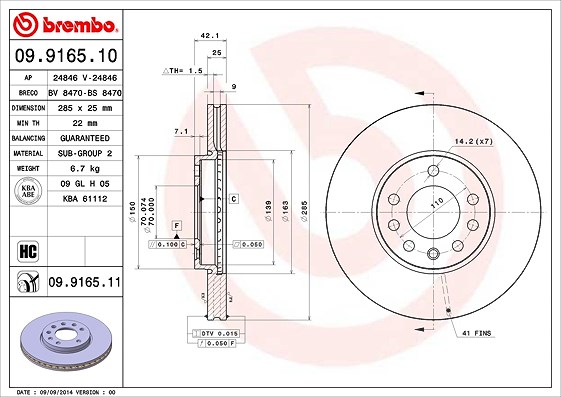 Brembo Bremsscheibe Vorderachse Belüftet [Hersteller-Nr. 09.9165.11] für Saab, Opel, Vauxhall, Cadillac