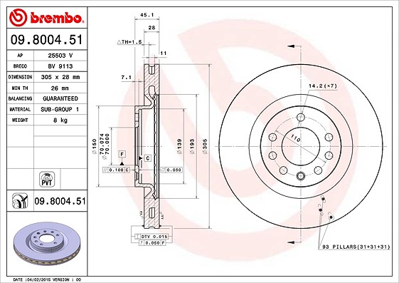 Brembo Bremsscheibe [Hersteller-Nr. 09.8004.51] für Opel, Vauxhall