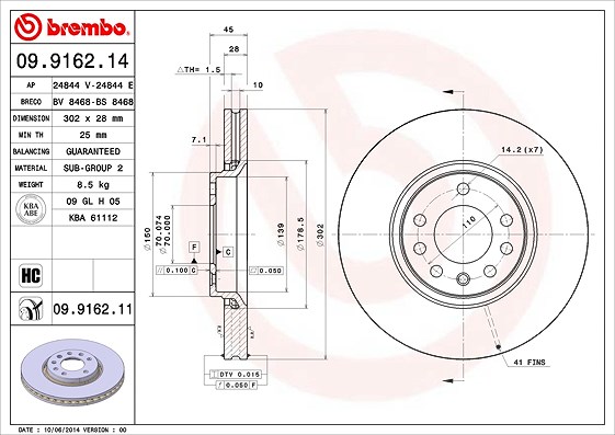 Brembo Bremsscheibe Vorderachse Belüftet [Hersteller-Nr. 09.9162.11] für Vauxhall, Saab, Opel, Chevrolet, Cadillac