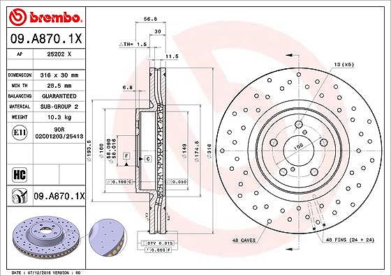 Brembo 1x Bremsscheibe [Hersteller-Nr. 09.A870.1X] für Subaru