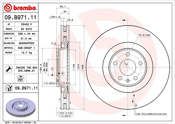 Brembo 1x Bremsscheibe Vorderachse Belüftet [Hersteller-Nr. 09.B971.11] für Audi