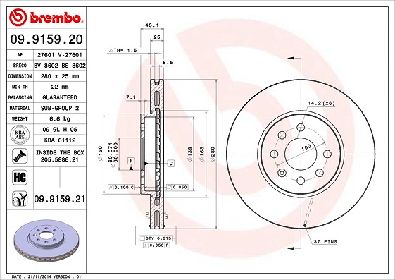 Brembo Bremsscheibe [Hersteller-Nr. 09.9159.21] für Vauxhall, Opel