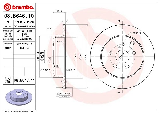 Brembo Bremsscheibe Hinterachse Voll [Hersteller-Nr. 08.B646.11] für Toyota