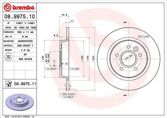 Brembo Bremsscheibe Hinterachse Voll [Hersteller-Nr. 08.9975.11] für Volvo, Ford
