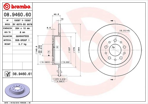 Brembo Bremsscheibe COATED Hinterachse Voll [Hersteller-Nr. 08.9460.61] für Fiat