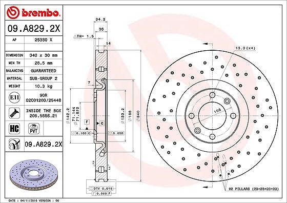 Brembo 1x Bremsscheibe [Hersteller-Nr. 09.A829.2X] für Ds (capsa), Citroën, Ds, Peugeot