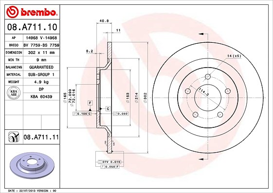 Brembo Bremsscheibe Hinterachse Voll [Hersteller-Nr. 08.A711.11] für Mazda