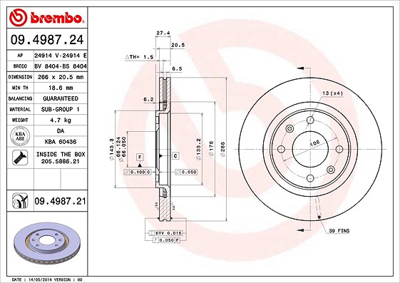 Brembo Bremsscheibe Vorderachse Belüftet [Hersteller-Nr. 09.4987.21] für Citroën, Peugeot