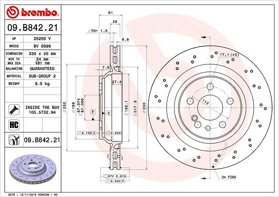 Brembo 1x Bremsscheibe [Hersteller-Nr. 09.B842.21] für Mercedes-Benz