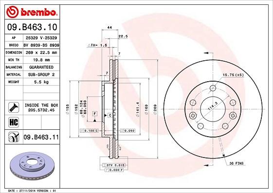 Brembo Bremsscheibe Vorderachse Belüftet [Hersteller-Nr. 09.B463.11] für Dacia, Renault, Nissan