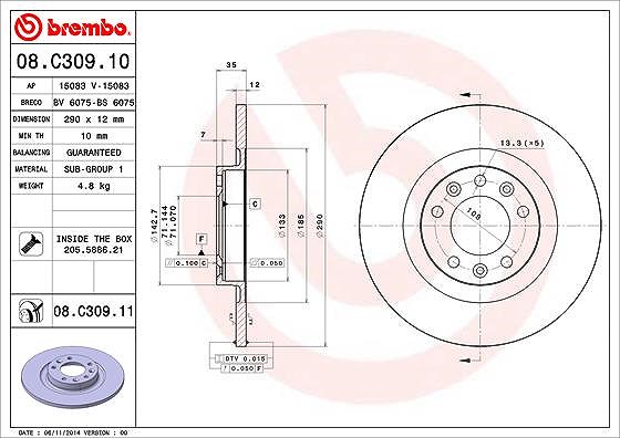 Brembo Bremsscheibe Hinterachse Voll [Hersteller-Nr. 08.C309.11] für Citroën, Peugeot (df-psa), Peugeot, Opel, Vauxhall, Toyota, Ds