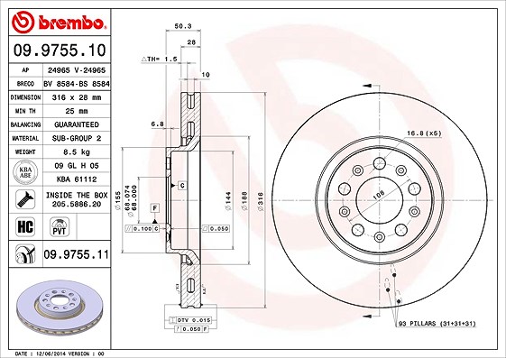 Brembo Bremsscheibe Vorderachse Belüftet [Hersteller-Nr. 09.9755.11] für Volvo