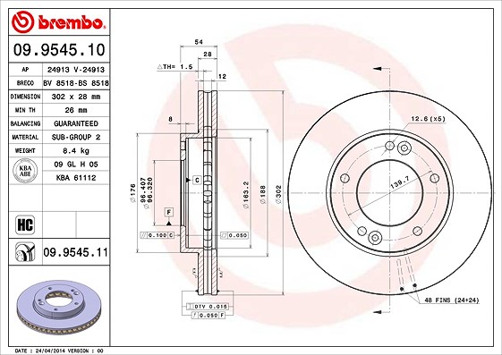 Brembo Bremsscheibe Vorderachse Belüftet [Hersteller-Nr. 09.9545.11] für Kia