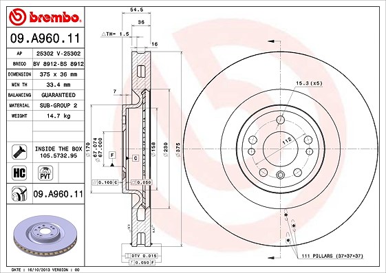 Brembo 1x Bremsscheibe [Hersteller-Nr. 09.A960.11] für Mercedes-Benz