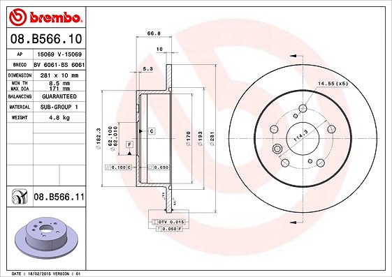Brembo Bremsscheibe [Hersteller-Nr. 08.B566.11] für Toyota, Lexus