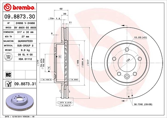 Brembo 1x Bremsscheibe [Hersteller-Nr. 09.8873.31] für Land Rover