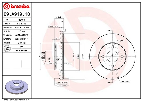 Brembo Bremsscheibe [Hersteller-Nr. 09.A919.10] für Nissan