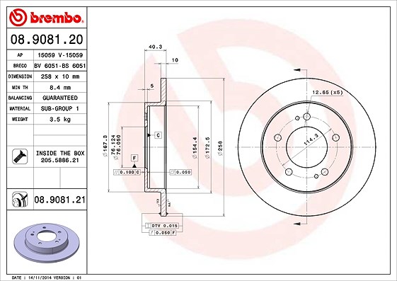 Brembo Bremsscheibe Hinterachse Voll [Hersteller-Nr. 08.9081.21] für Kia, Hyundai
