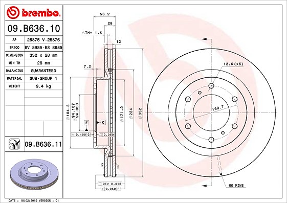 Brembo 1x Bremsscheibe [Hersteller-Nr. 09.B636.11] für Mitsubishi