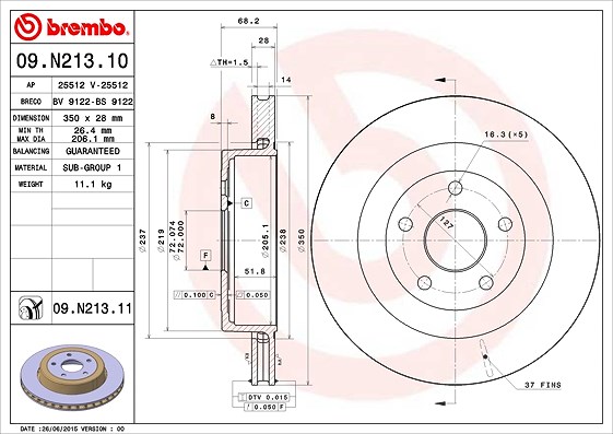 Brembo 1x Bremsscheibe [Hersteller-Nr. 09.N213.11] für Chrysler, Jeep, Dodge