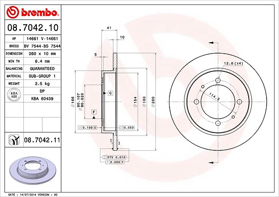 Brembo Bremsscheibe Hinterachse Voll [Hersteller-Nr. 08.7042.11] für Mitsubishi, Volvo, Proton