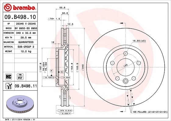 Brembo 1x Bremsscheibe Vorderachse Belüftet [Hersteller-Nr. 09.B498.10] für VW