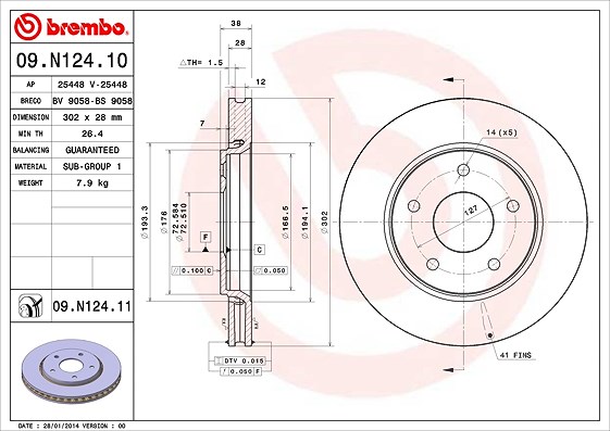 Brembo Bremsscheibe Vorderachse Belüftet [Hersteller-Nr. 09.N124.11] für Chrysler, Fiat, Dodge