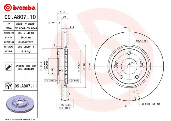Brembo 1x Bremsscheibe [Hersteller-Nr. 09.A807.11] für Kia