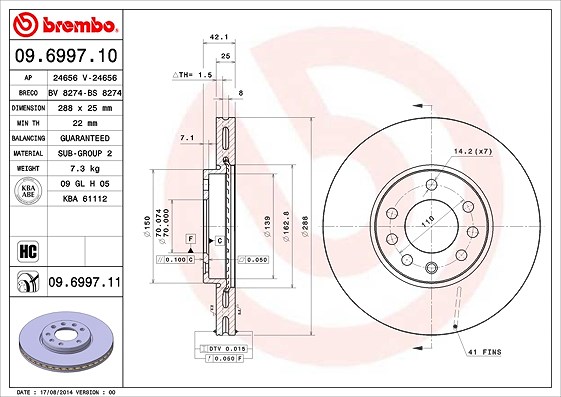 Brembo Bremsscheibe [Hersteller-Nr. 09.6997.11] für Vauxhall, Saab, Opel, Chevrolet, Lotus