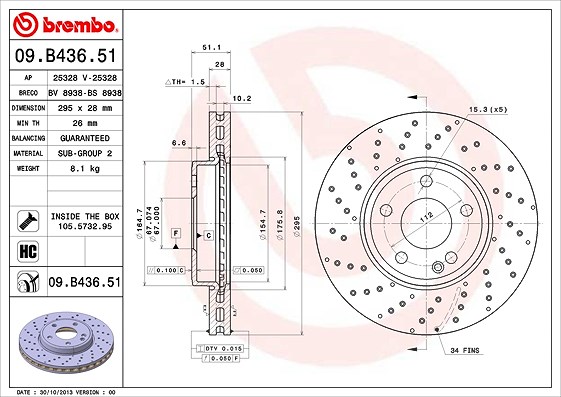 Brembo Bremsscheibe Hinterachse Belüftet [Hersteller-Nr. 09.B436.51] für Mercedes-Benz
