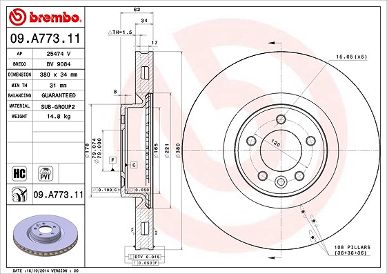Brembo 1x Bremsscheibe [Hersteller-Nr. 09.A773.11] für Land Rover