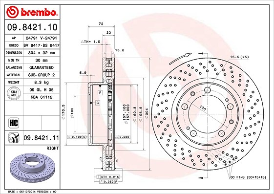 Brembo 1x Bremsscheibe belüftet vorne rechts [Hersteller-Nr. 09.8421.11] für Porsche