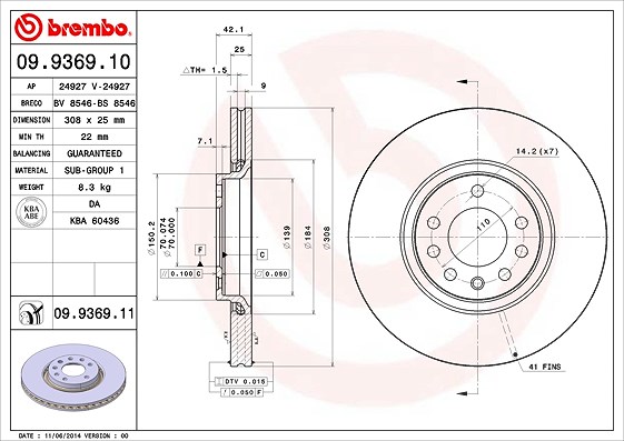 Brembo Bremsscheibe Vorderachse Belüftet [Hersteller-Nr. 09.9369.11] für Saab, Vauxhall, Opel