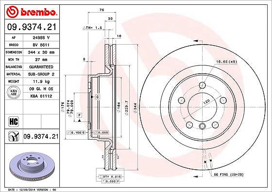 Brembo 1x Bremsscheibe [Hersteller-Nr. 09.9374.21] für Land Rover