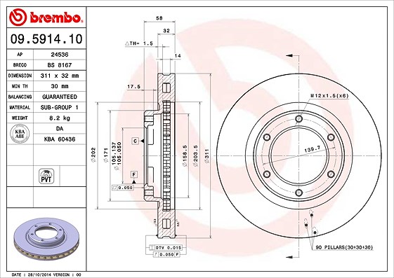 Brembo Bremsscheibe Vorderachse Belüftet [Hersteller-Nr. 09.5914.10] für Lexus, Toyota
