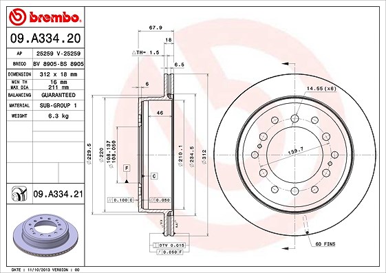 Brembo Bremsscheibe [Hersteller-Nr. 09.A334.21] für Lexus, Toyota