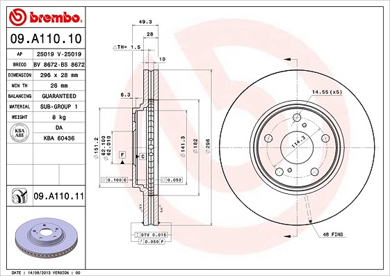 Brembo Bremsscheibe [Hersteller-Nr. 09.A110.11] für Lexus, Toyota