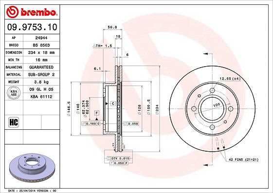 Brembo Bremsscheibe [Hersteller-Nr. 09.9753.10] für Hyundai
