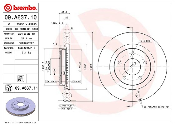 Brembo Bremsscheibe Vorderachse Belüftet [Hersteller-Nr. 09.A637.11] für Lancia, Chrysler, Dodge, Jeep