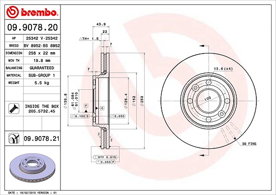 Brembo Bremsscheibe Vorderachse Belüftet [Hersteller-Nr. 09.9078.21] für Nissan, Renault, Dacia, Lada, Mercedes-Benz
