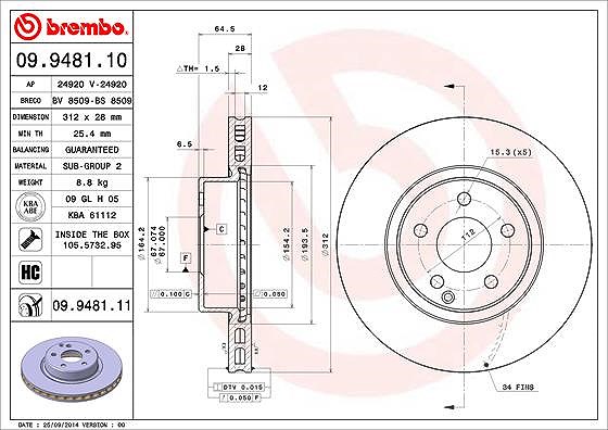 Brembo 1x Bremsscheibe [Hersteller-Nr. 09.9481.11] für Mercedes-Benz