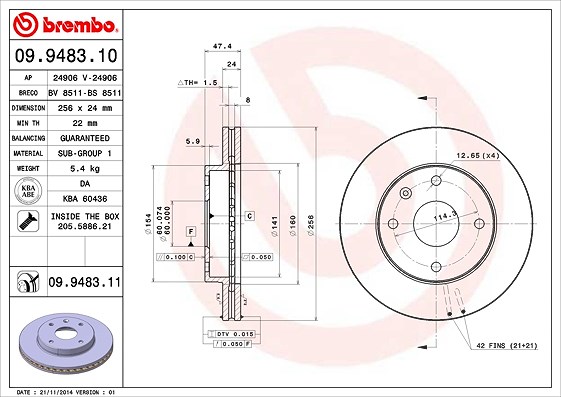 Brembo Bremsscheibe [Hersteller-Nr. 09.9483.11] für Chevrolet, Daewoo