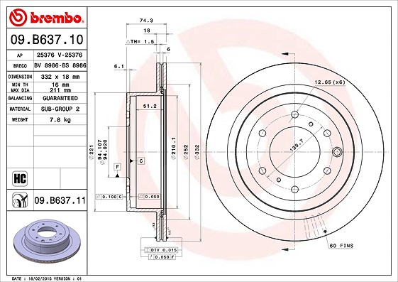 Brembo 1x Bremsscheibe [Hersteller-Nr. 09.B637.11] für Mitsubishi