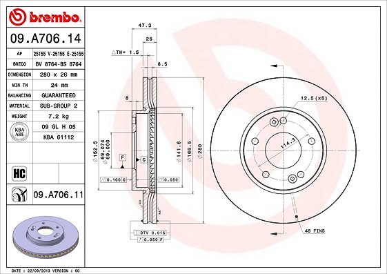 Brembo Bremsscheibe [Hersteller-Nr. 09.A706.11] für Kia
