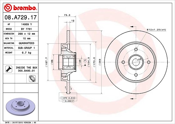 Brembo 1x Bremsscheibe Hinten Voll mit Radlager [Hersteller-Nr. 08.A729.17] für Ds, Peugeot, Ds (capsa), Citroën