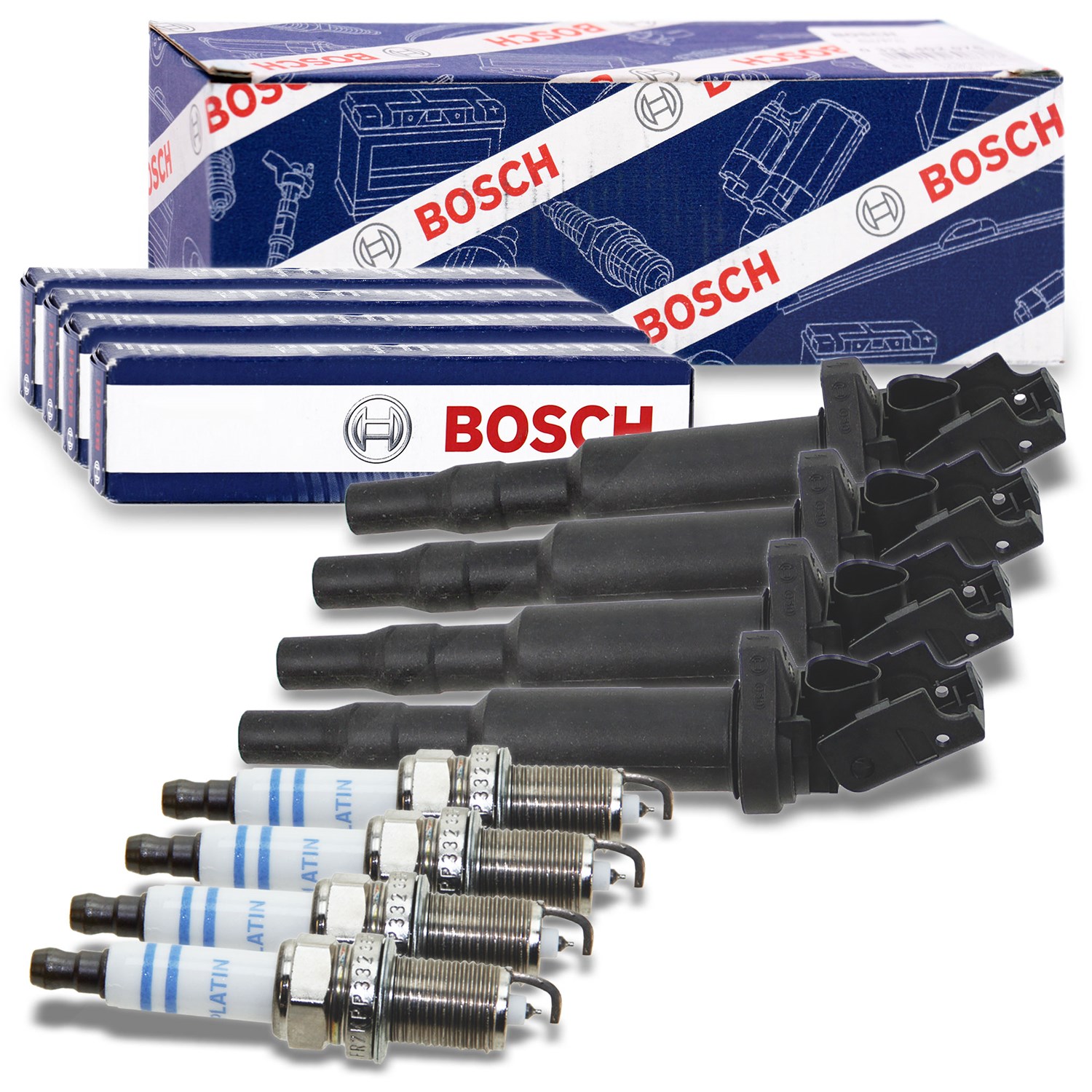 Bosch 4x Zündspule + 4x Zündkerze [Hersteller-Nr. 40207945] für BMW