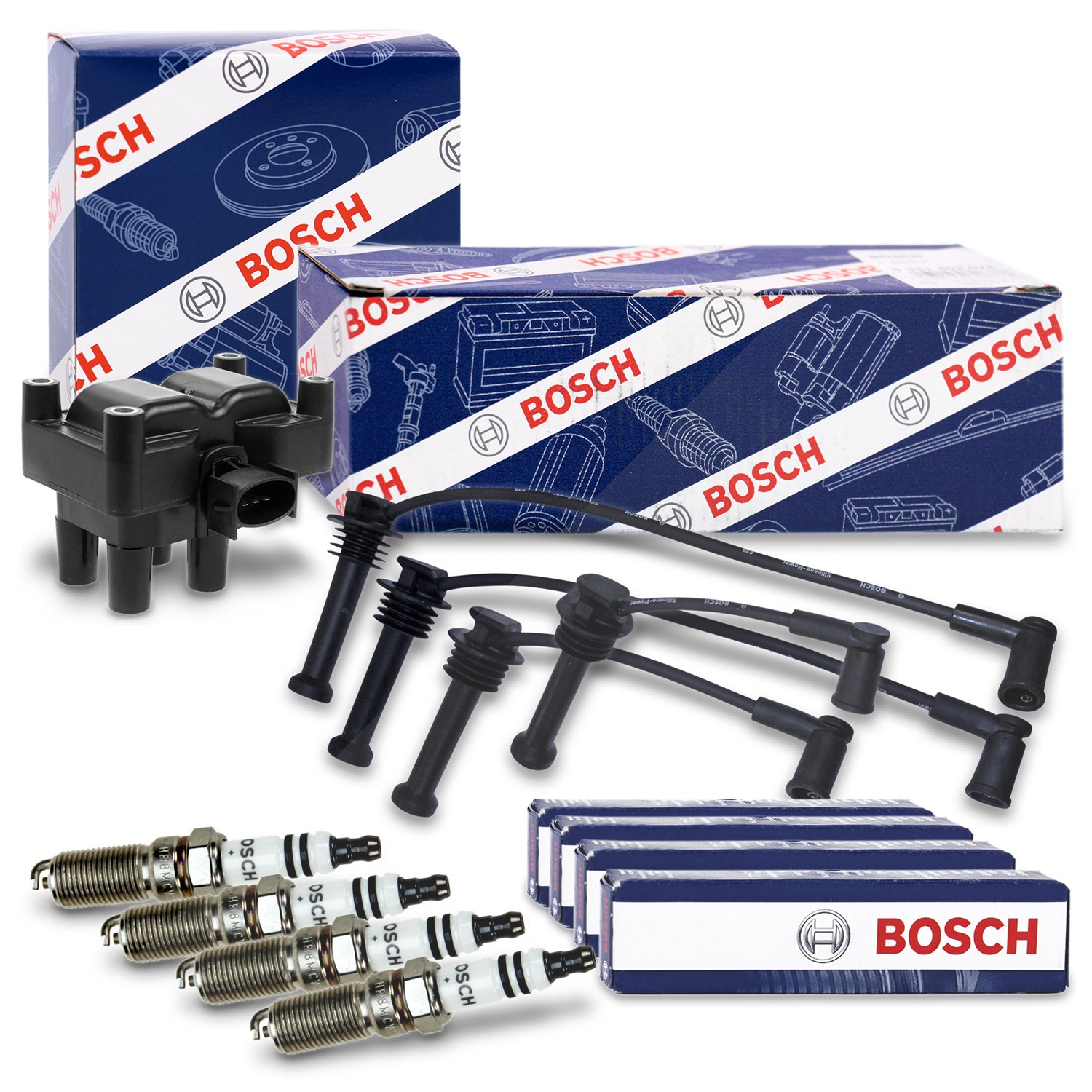 Bosch Zündspule + Zündleitungssatz + 4x Zündkerzen [Hersteller-Nr. 40208045] für Ford