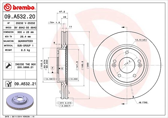 Brembo Bremsscheibe Vorderachse Belüftet [Hersteller-Nr. 09.A532.21] für Kia, Hyundai
